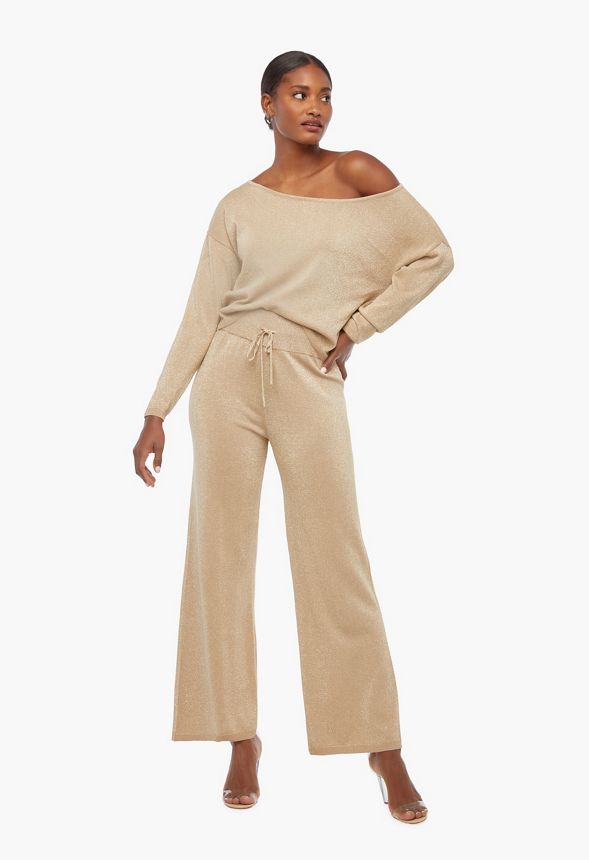 Shimmer Wide Leg Lounge Trousers Clothing in Beige - Get great