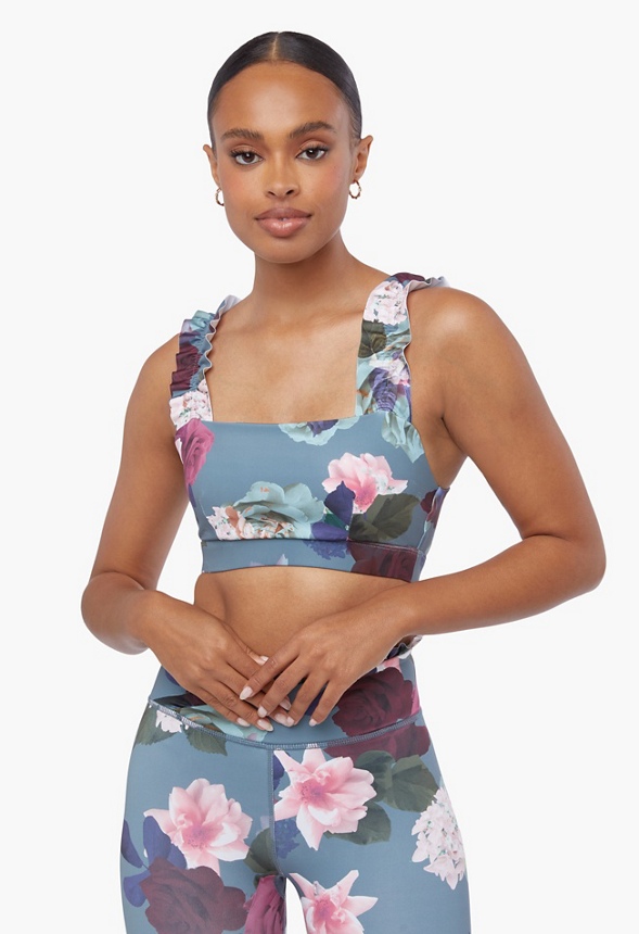 Ruffle Sports Bra Clothing in GOBLIN BLUE FLORAL PRINT - Get great deals at  JustFab