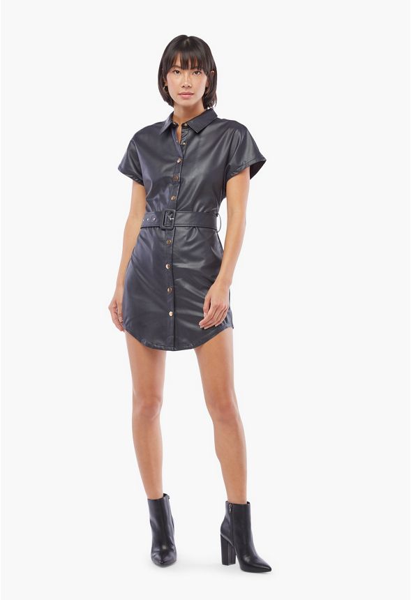 Tøj Button Faux Leather Dress i Sort - Shop fabelagtige deals hos JustFab