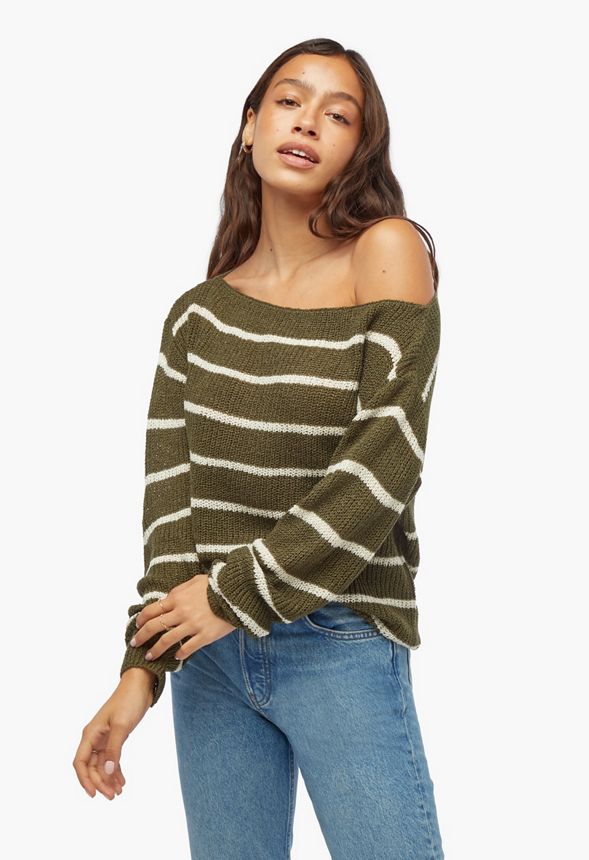 Off Shoulder Sweater Size in OLIVE/ WHITE STRIPE - Get great at JustFab