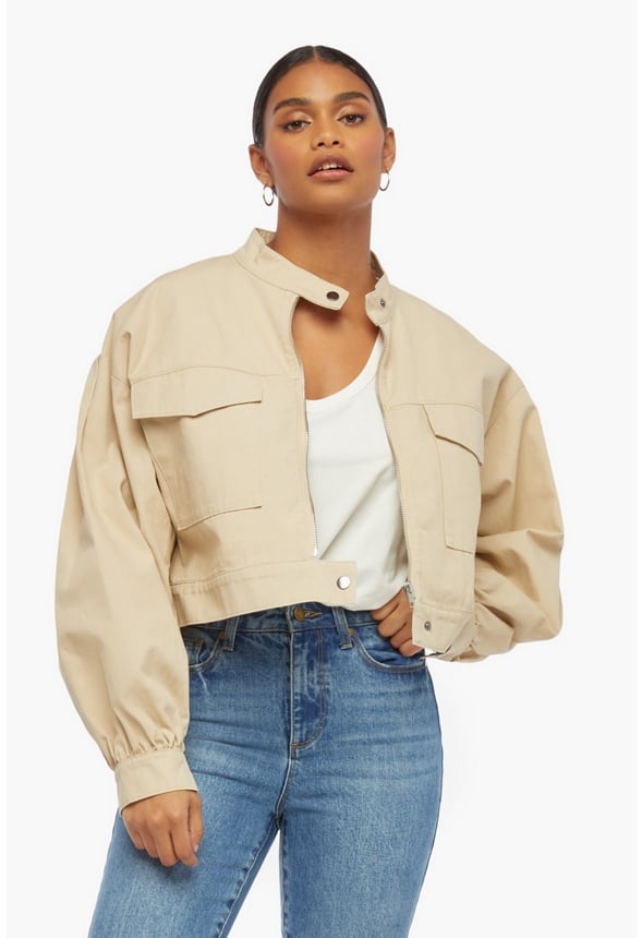 Tøj Puff Sleeve Crop Jacket i Beige - Shop fabelagtige deals hos JustFab