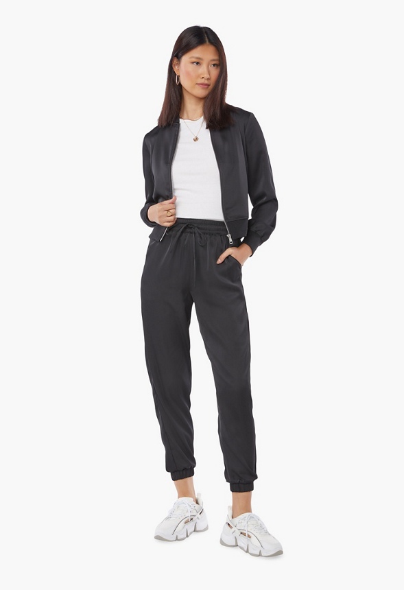 Satin Track Jacket Clothing in Black Get great deals at JustFab