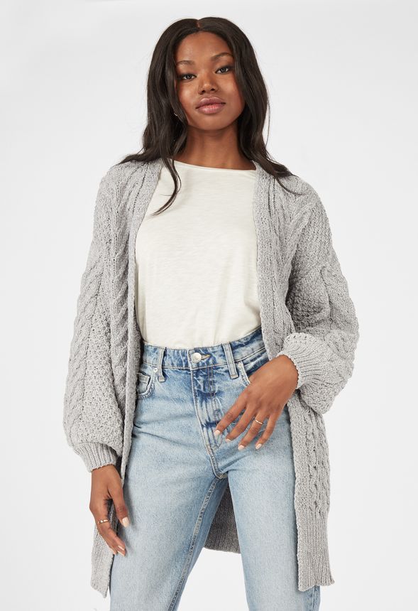 Cable Stitch Chenille Cardigan Clothing in Silver Get great deals at JustFab