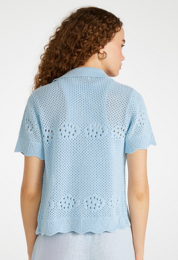 Crochet Short Sleeve Button Up Shirt