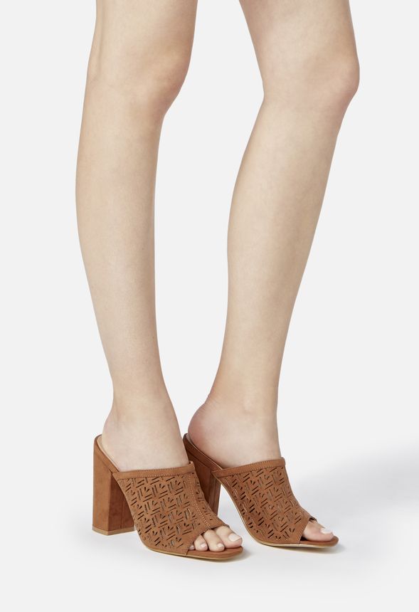 Eye Catcher Block Heel Mule Shoes in Cognac Get great deals at JustFab