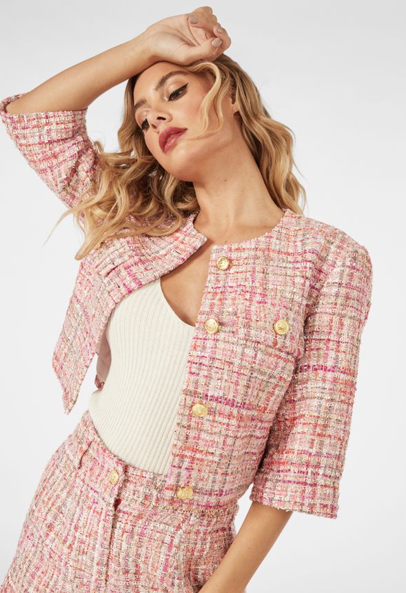Tweed Crop Jacket Clothing in Pink Multi - Get great deals at JustFab