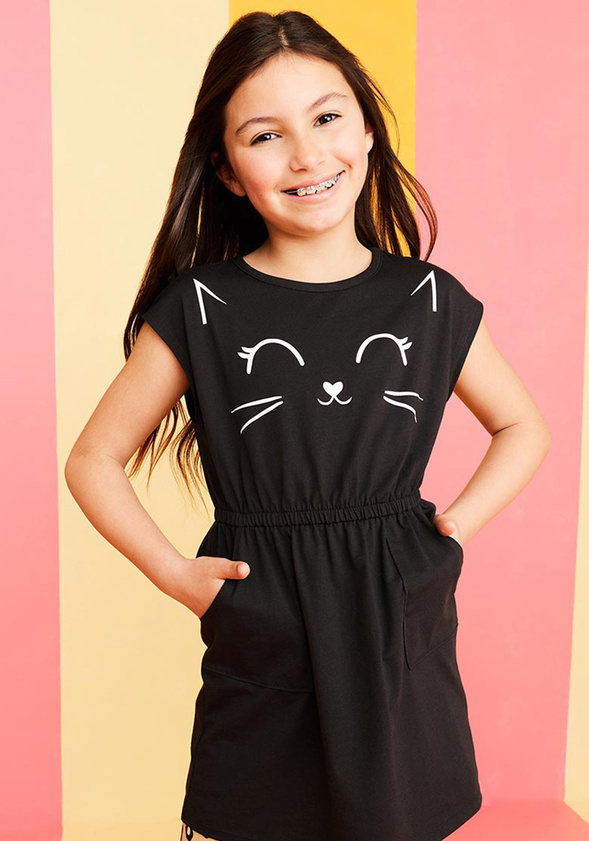 T-Shirt-Kleid mit Katzenaufdruck und Tasche