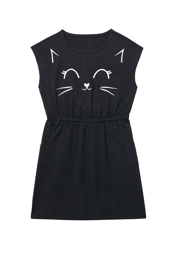 T-Shirt-Kleid mit Katzenaufdruck und Tasche
