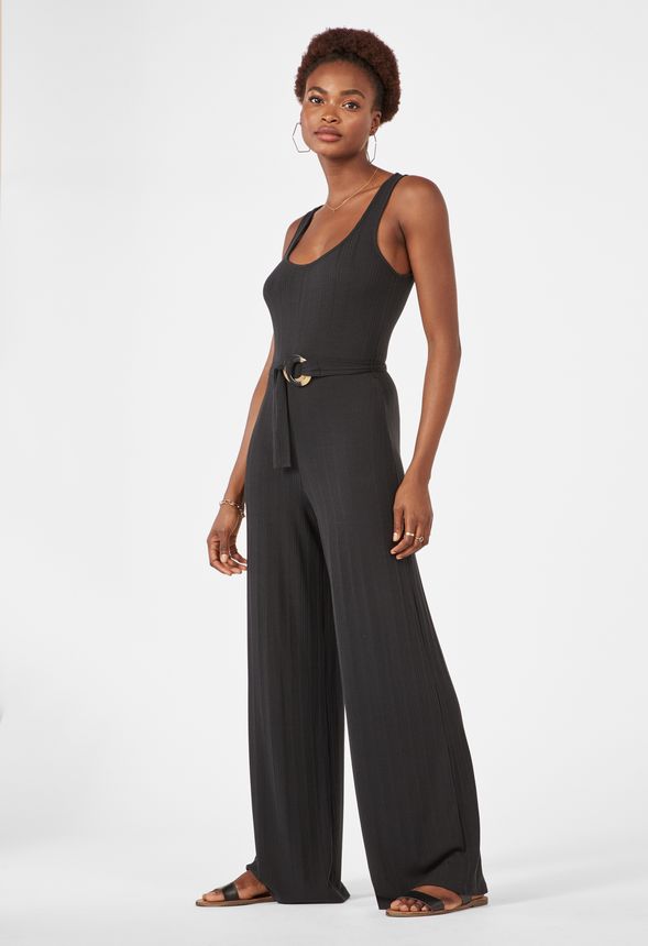 Rib Knit Belted Jumpsuit Clothing in Black - Get great deals at JustFab