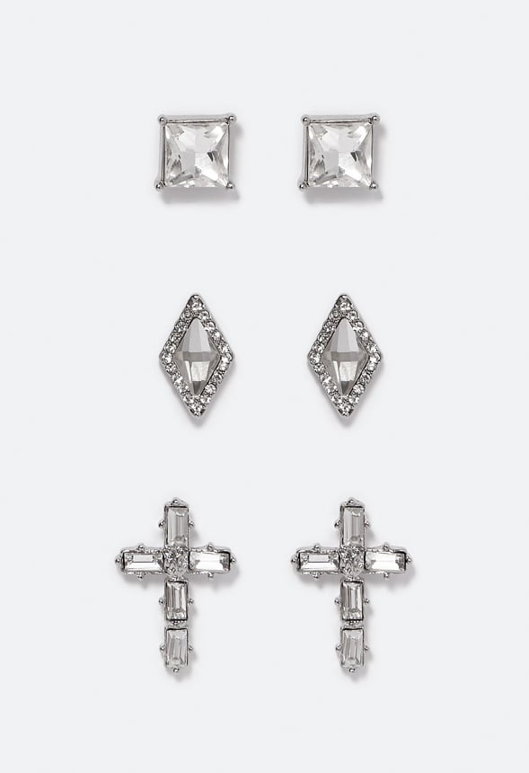 3-Pair Pack Olivia Glass Stone Cross Stud Earrings