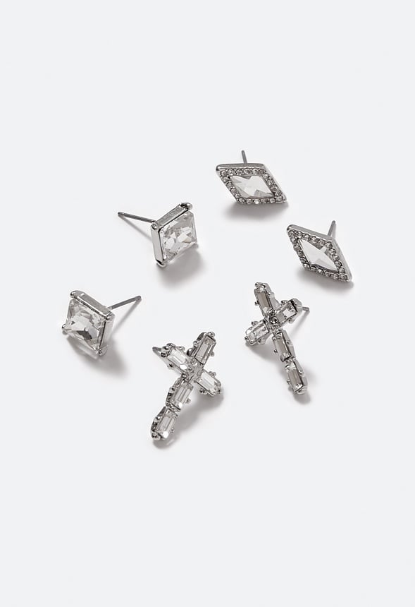 3-Pair Pack Olivia Glass Stone Cross Stud Earrings