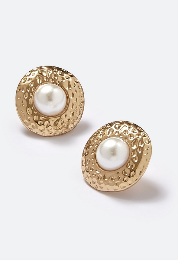 Pria Hammered Metal Surround And Glass Pearl Stud Earrings 