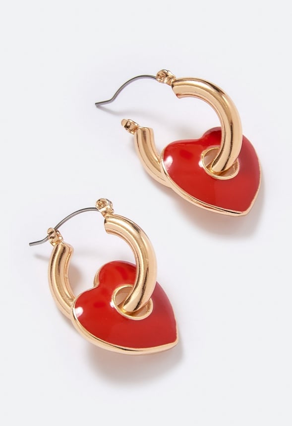 Aila Red Epoxy Heart Charms On Hoops Earrings