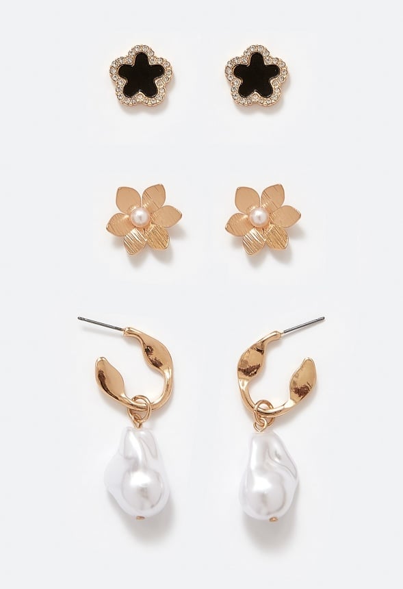 3-Pairs Demi Pack Mixed Studs And Pearl Hoops Earrings