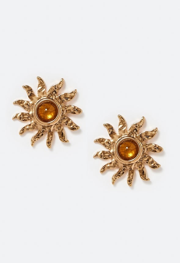 Gina Hammered Metal Sun Stud With Domed Stone Center