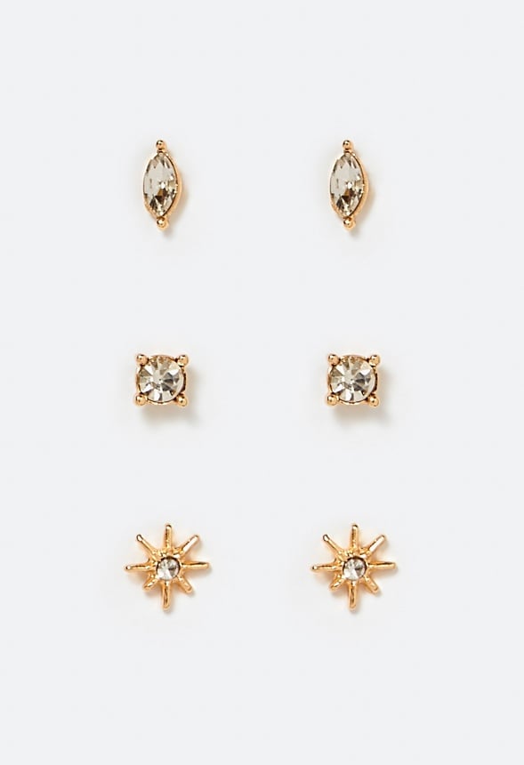 3-Pair Mia Glass Stones Fine Stud Earrings Pack