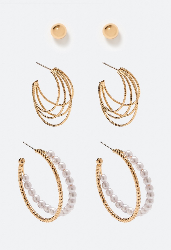 3 Pair Ada Mix Hoops and Domed Stud Earrings Pack