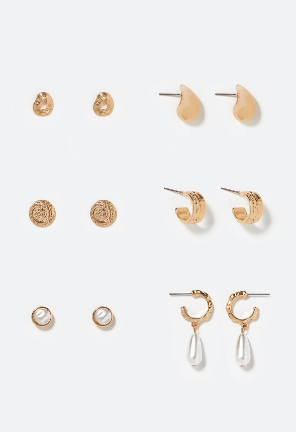 6-Pair Gia Mixed Stud and Hoop Earrings With Pearl Detail