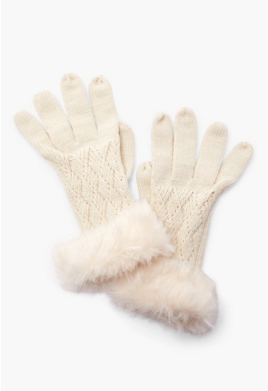 Chevron Knit Gloves With Fur Trim