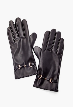 Horsebit Trim Faux Leather Gloves