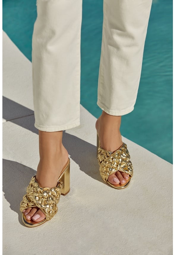 Blair Block Heeled Sandal Shoes in Gold Get great deals at JustFab