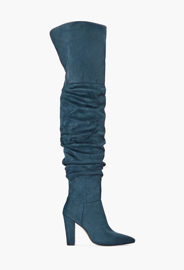 Follow Me Slouch Block Heel Boot Shoes in Blue - Get great deals at JustFab