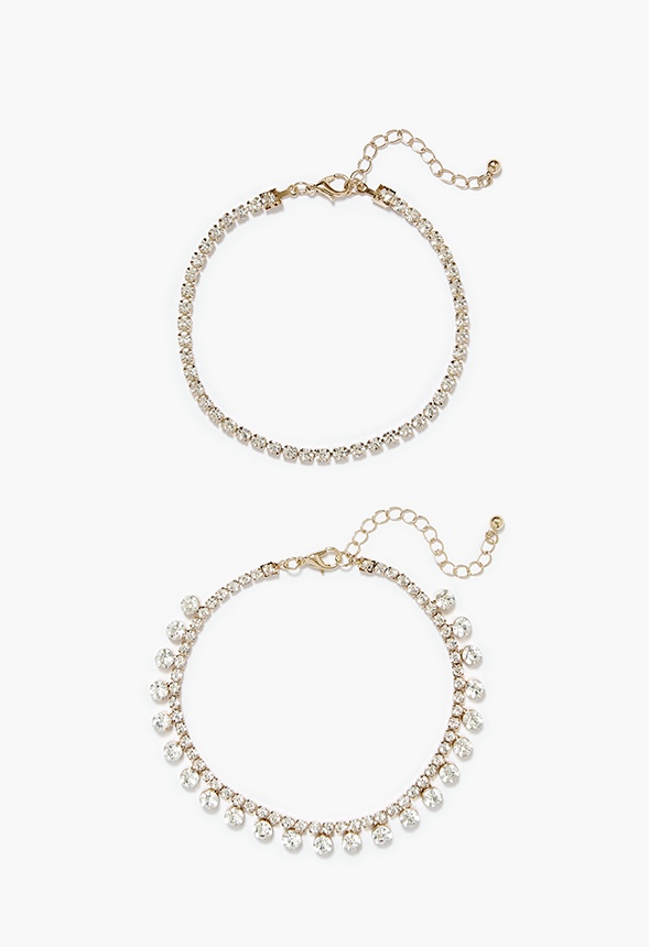 Emmy Anklet Set With Glass Rhinestone Drops And Chain