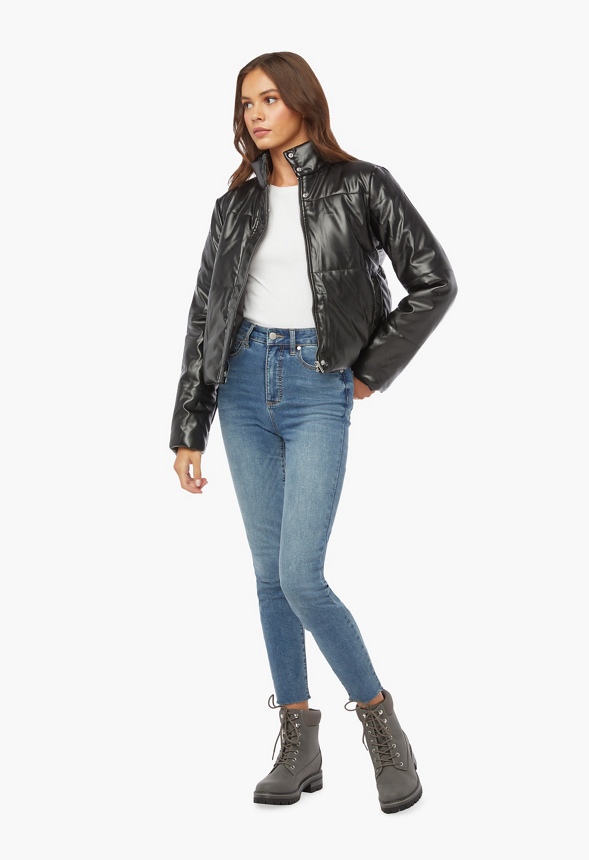 Faux Leather Puffer Jacket Clothing in Beige - Get great deals at JustFab