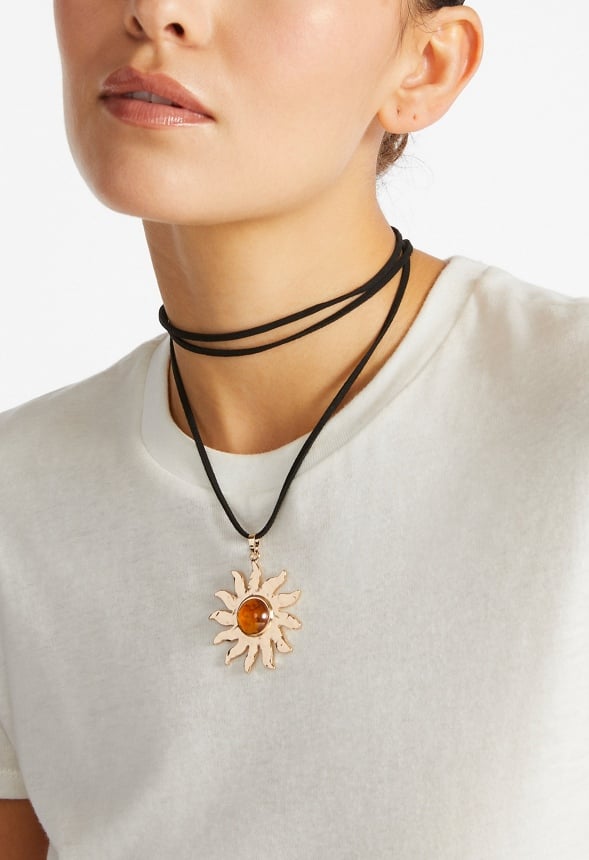 Gracie Suede Cord Necklace With Hammered Metal Sun Drop