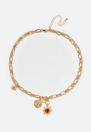 2-Row Sky Chain Necklace With Brown Inlay Sun Drop