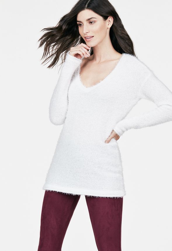 white fuzzy v neck sweater