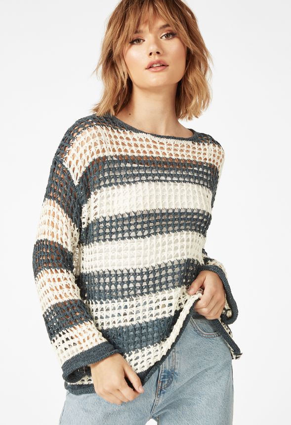 Tøj Open Knit Stripped Sweater i Off White Multi - Shop fabelagtige ...