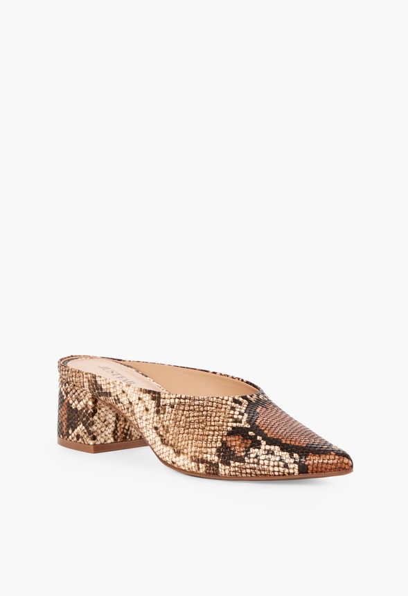 Cleotha Low Block Mule Shoes in Brown Snake - Get great deals at JustFab