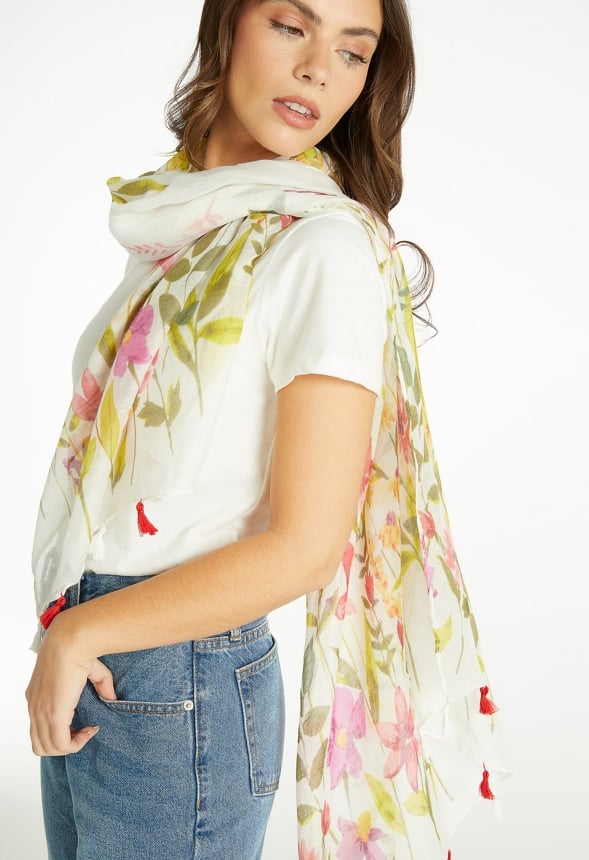 Via Multi Color Flower Print Long Woven Scarf