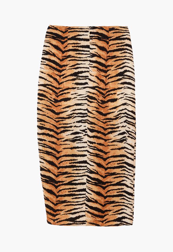 High-Waisted Ruched Midi Skirt Clothing in TIGER PRINT - Get great ...