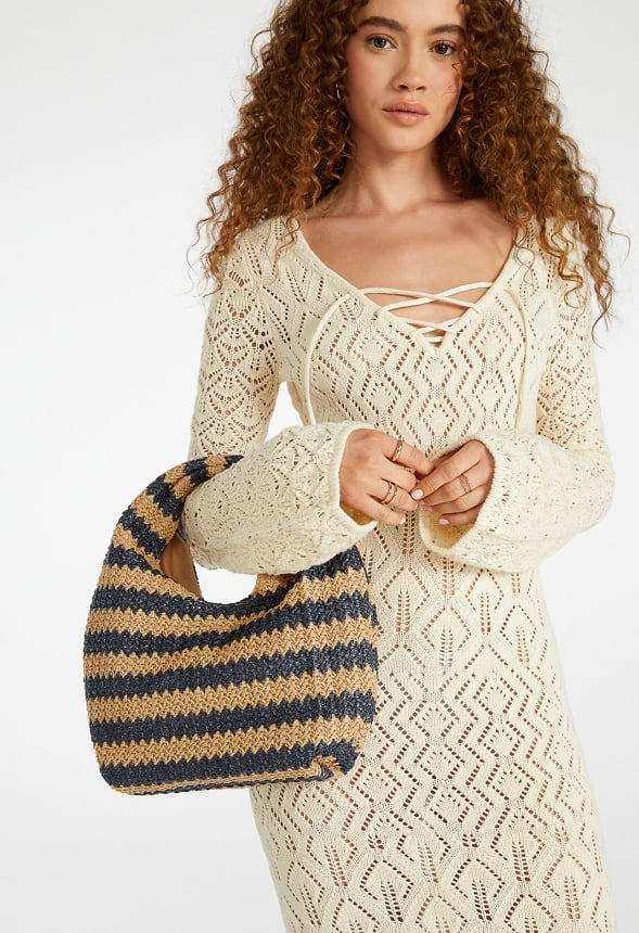 Stripe Crochet Raffia Bag