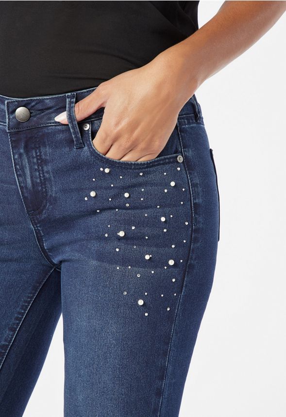Pearl Embellished Jeans Clothing in True Blue - Get great deals at JustFab