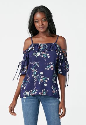 Cold Shoulder Ruffle Top Clothing in Dark Indigo Pink Multi Get great deals at JustFab