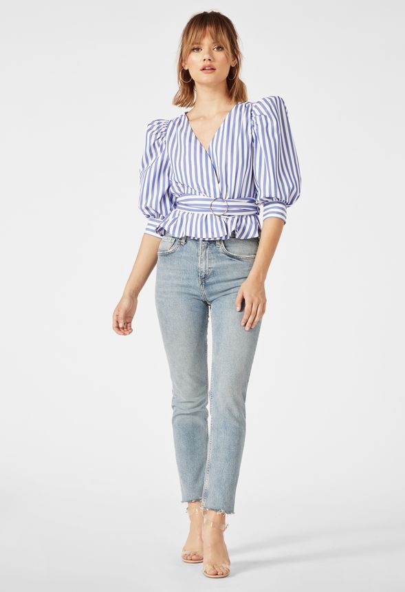 Striped Puff Sleeve Top Clothing in Blue - Get great deals at JustFab