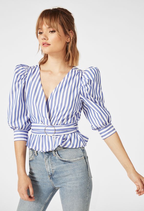 Striped Puff Sleeve Top Clothing in Blue - Get great deals at JustFab