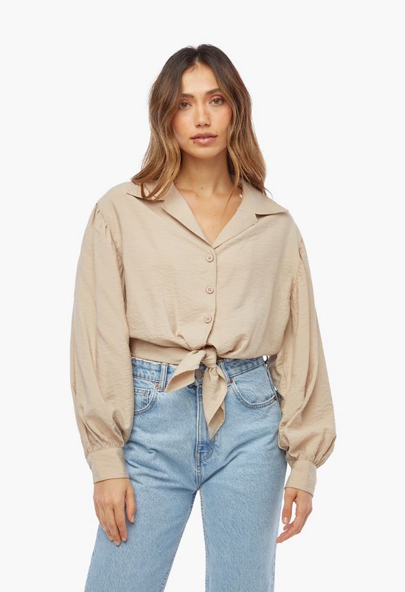 Tie Front Balloon Sleeve Top
