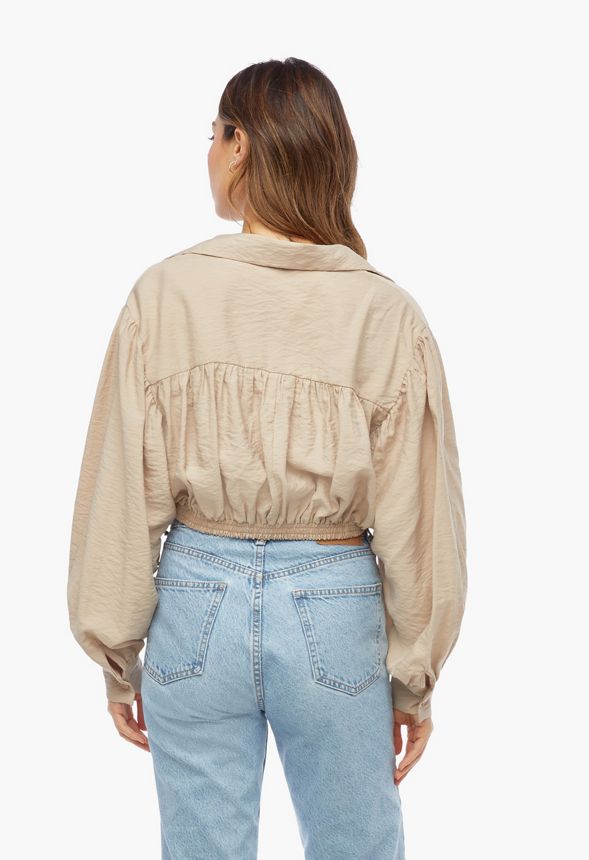Tie Front Balloon Sleeve Top