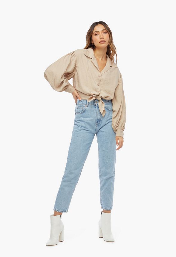 Tie Front Balloon Sleeve Top