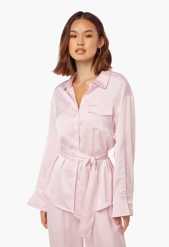Satin Button Down Lounge Top With Belt